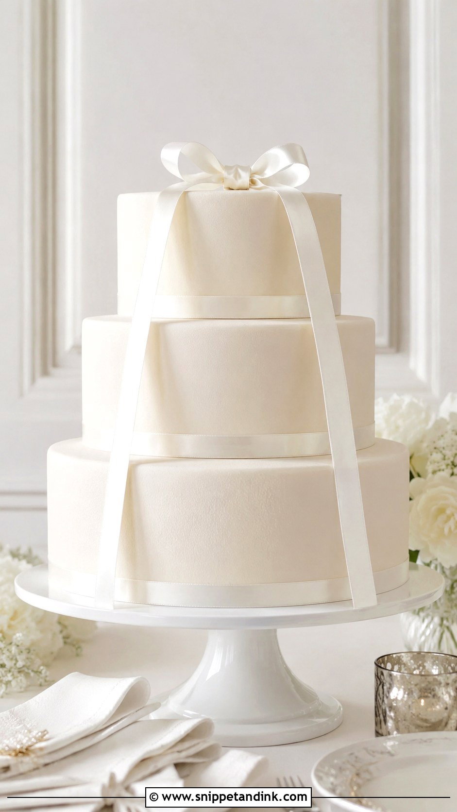 White 3 Tier Wedding Cake With Ribbon - Snippet and Ink - 25 Simple White 3 Tier Wedding Cake Ideas
