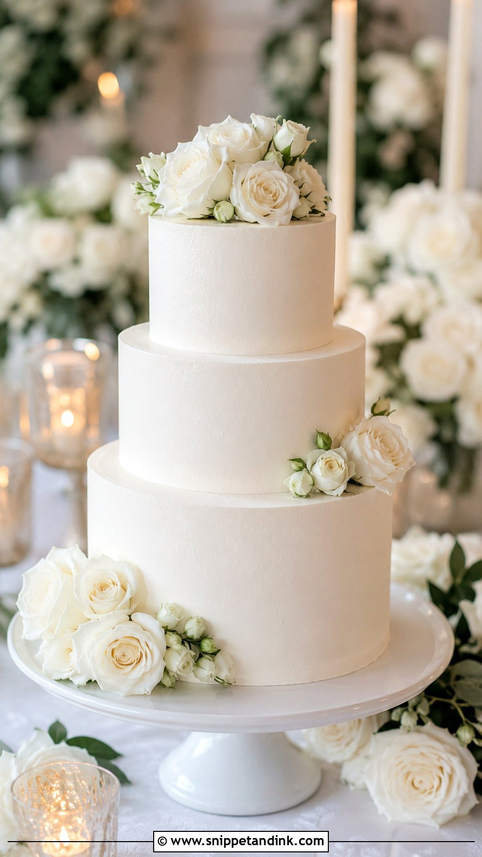 White 3 Tier Wedding Cake With Roses - Snippet and Ink - 25 Simple White 3 Tier Wedding Cake Ideas