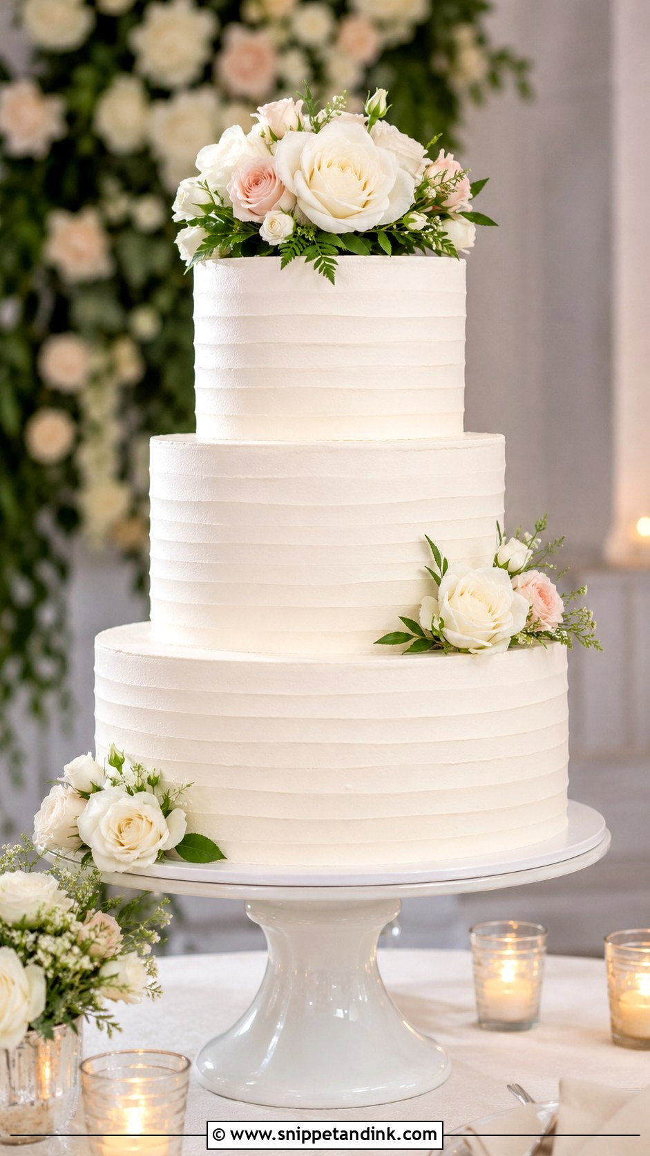 White 3 Tier Wedding Cake With Roses - Snippet and Ink - 20 3 Wedding Cakes Display Ideas