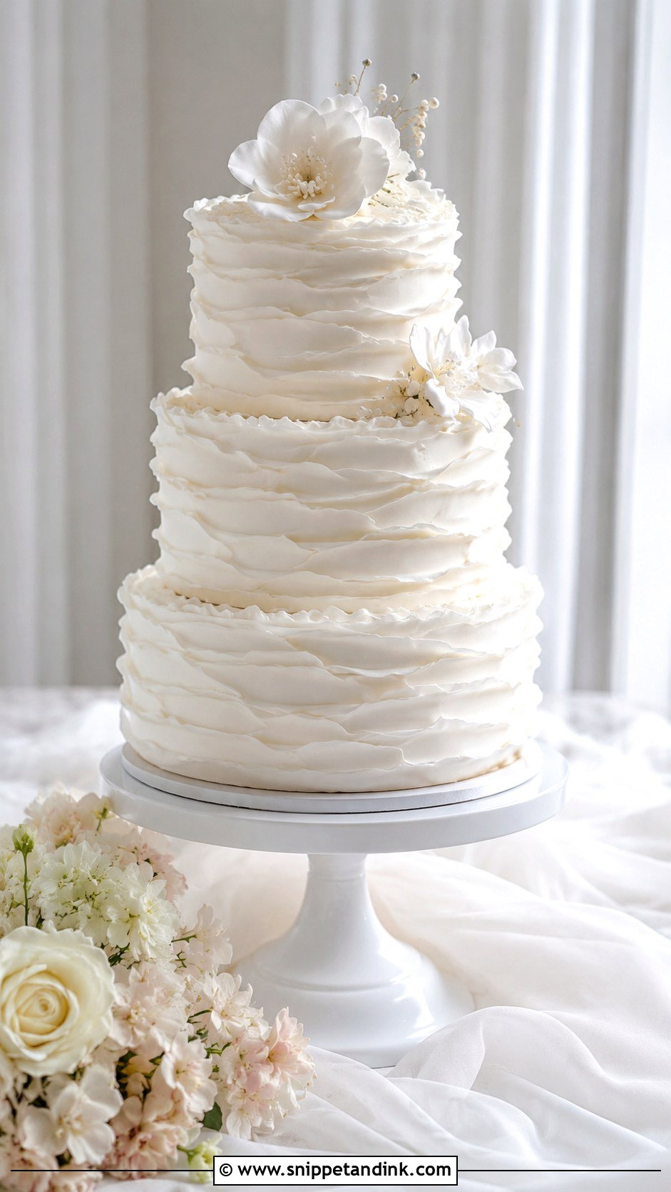 White 3 Tier Wedding Cake With Ruffle Buttercream - Snippet and Ink - 25 Simple White 3 Tier Wedding Cake Ideas