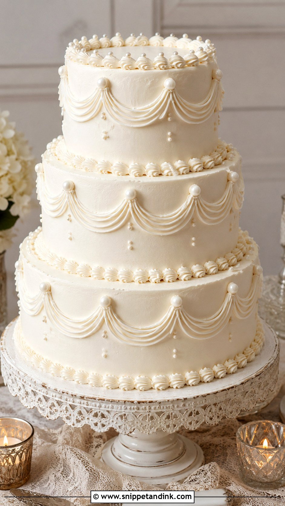 White 3 Tier Wedding Cake With Scalloped Piping - Snippet and Ink - 25 Simple White 3 Tier Wedding Cake Ideas
