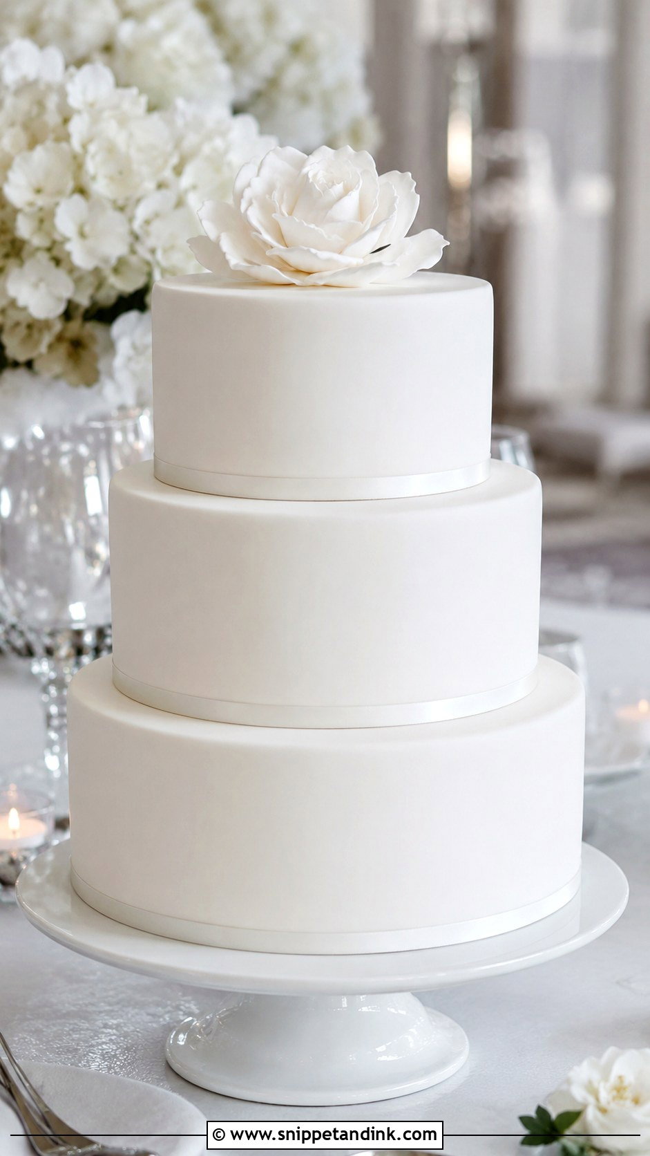 White 3 Tier Wedding Cake With Smooth Fondant - Snippet and Ink - 25 Simple White 3 Tier Wedding Cake Ideas