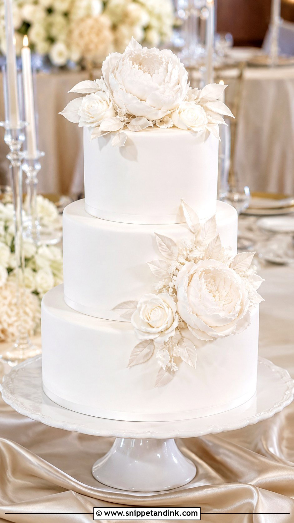 White 3 Tier Wedding Cake With Sugar Flowers - Snippet and Ink - 25 Simple White 3 Tier Wedding Cake Ideas
