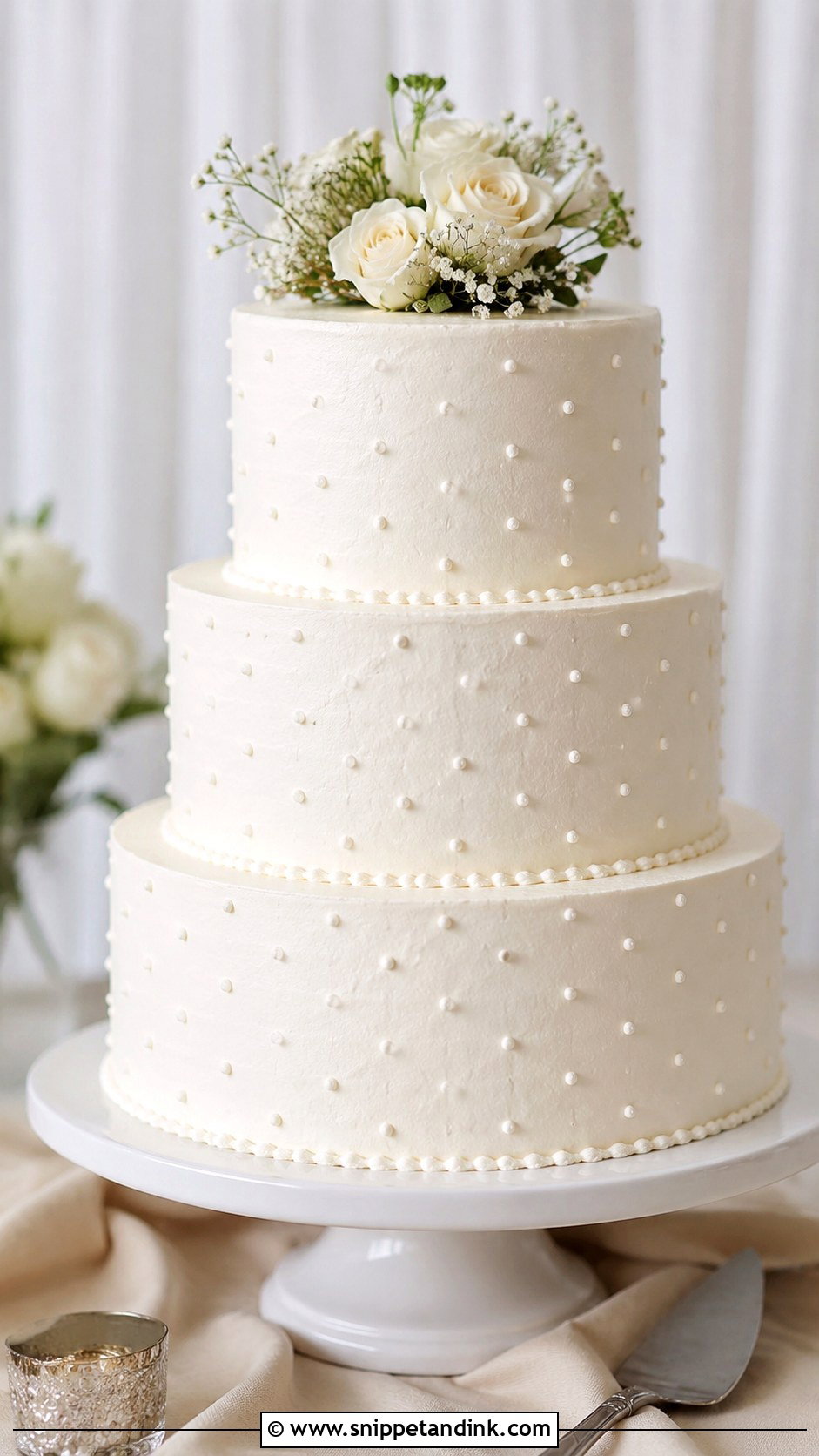 White 3 Tier Wedding Cake With Swiss Dots - Snippet and Ink - 25 Simple White 3 Tier Wedding Cake Ideas