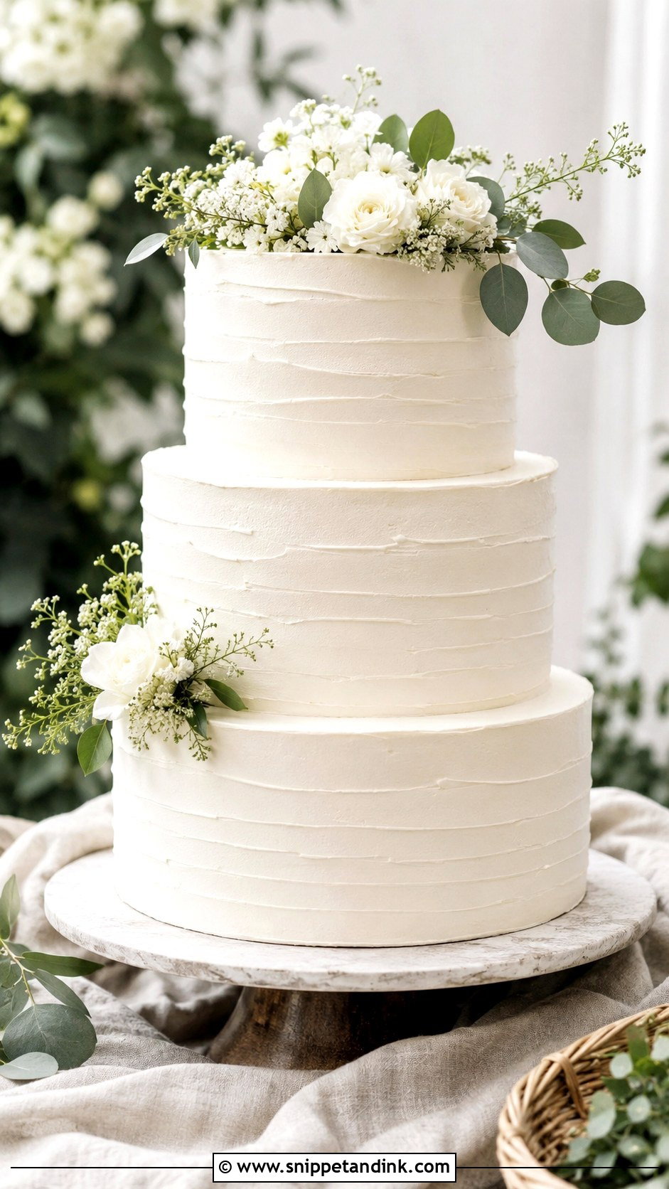 White 3 Tier Wedding Cake With Textured Buttercream - Snippet and Ink - 25 Simple White 3 Tier Wedding Cake Ideas