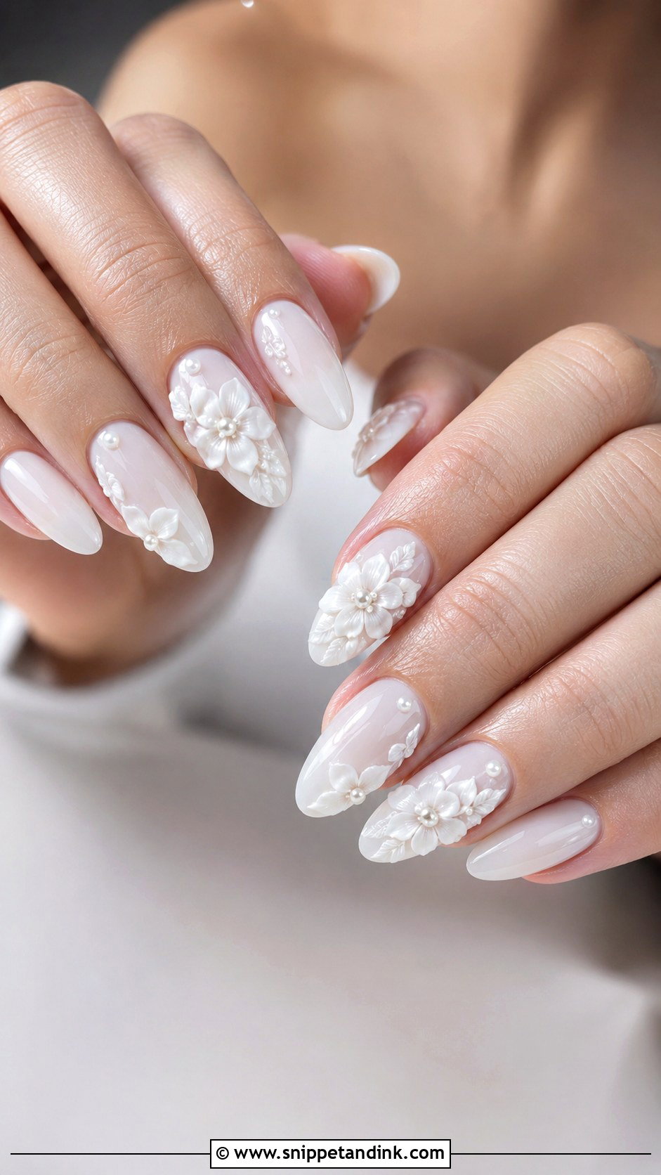 White 3D Floral Bridal Nails - Snippet and Ink - 20 White Nails for the Bride Wedding