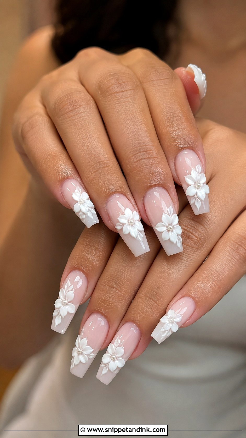 White 3D Flower Bridal Nails - Snippet and Ink - 20 White Bridal Wedding Nails
