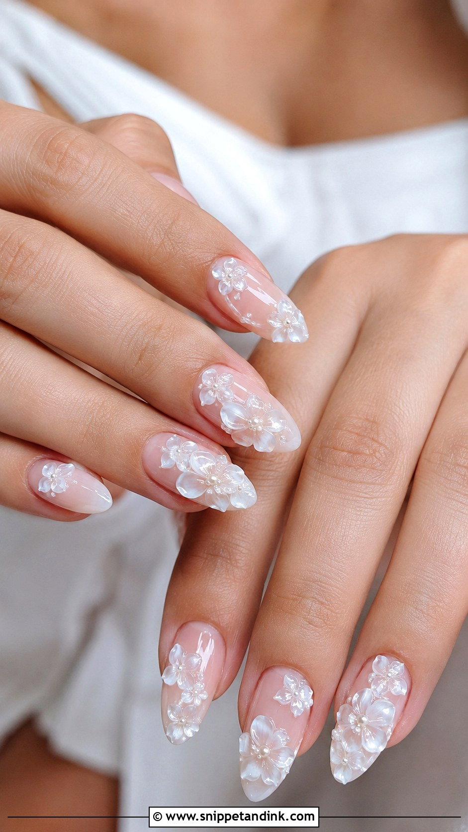 White 3D Flower Wedding Nails - Snippet and Ink - 30 White Wedding Nails