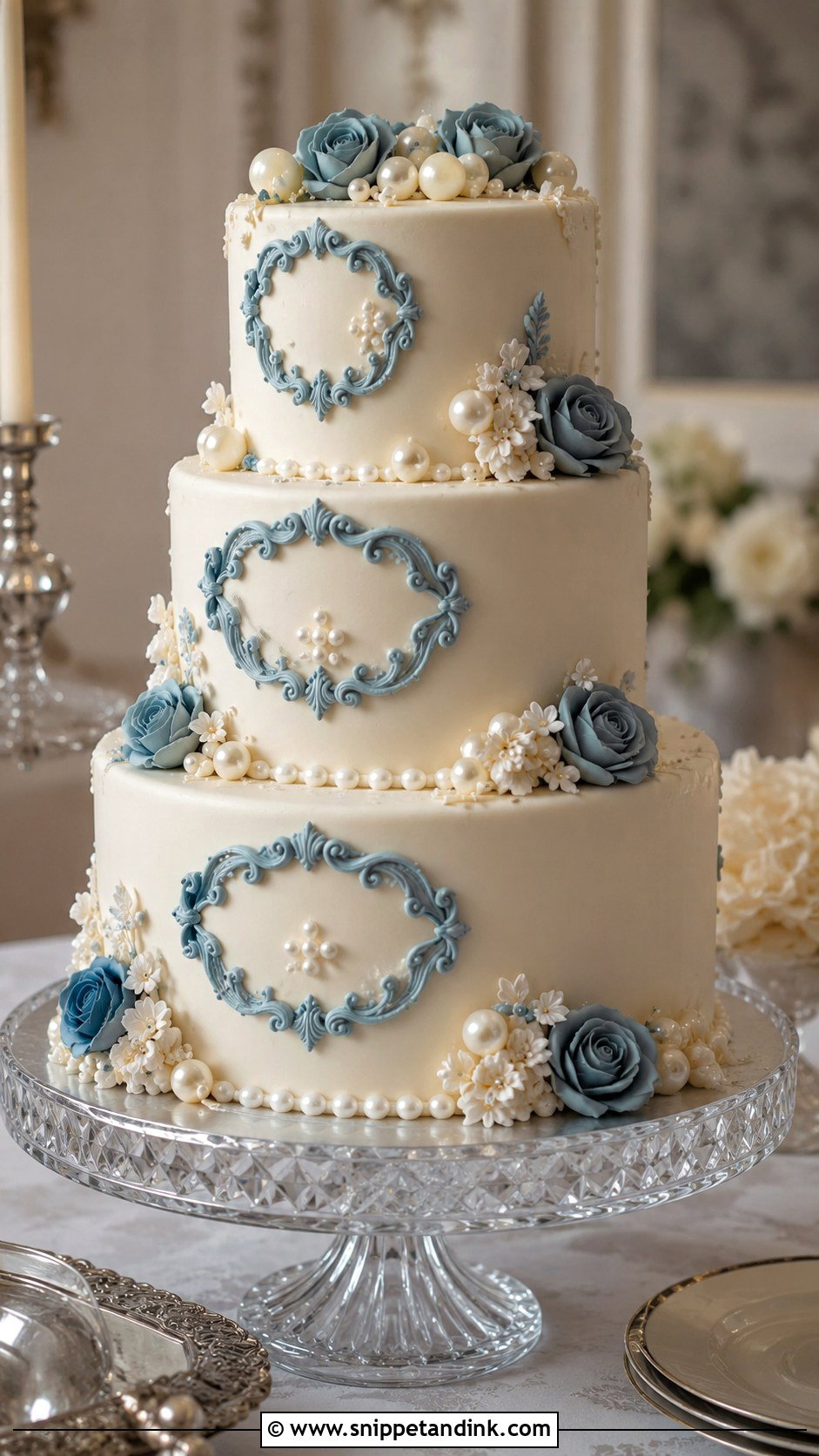 White And Blue Pearl Wedding Cake - Snippet and Ink - 20 White and Blue Vintage Cake Ideas for Wedding