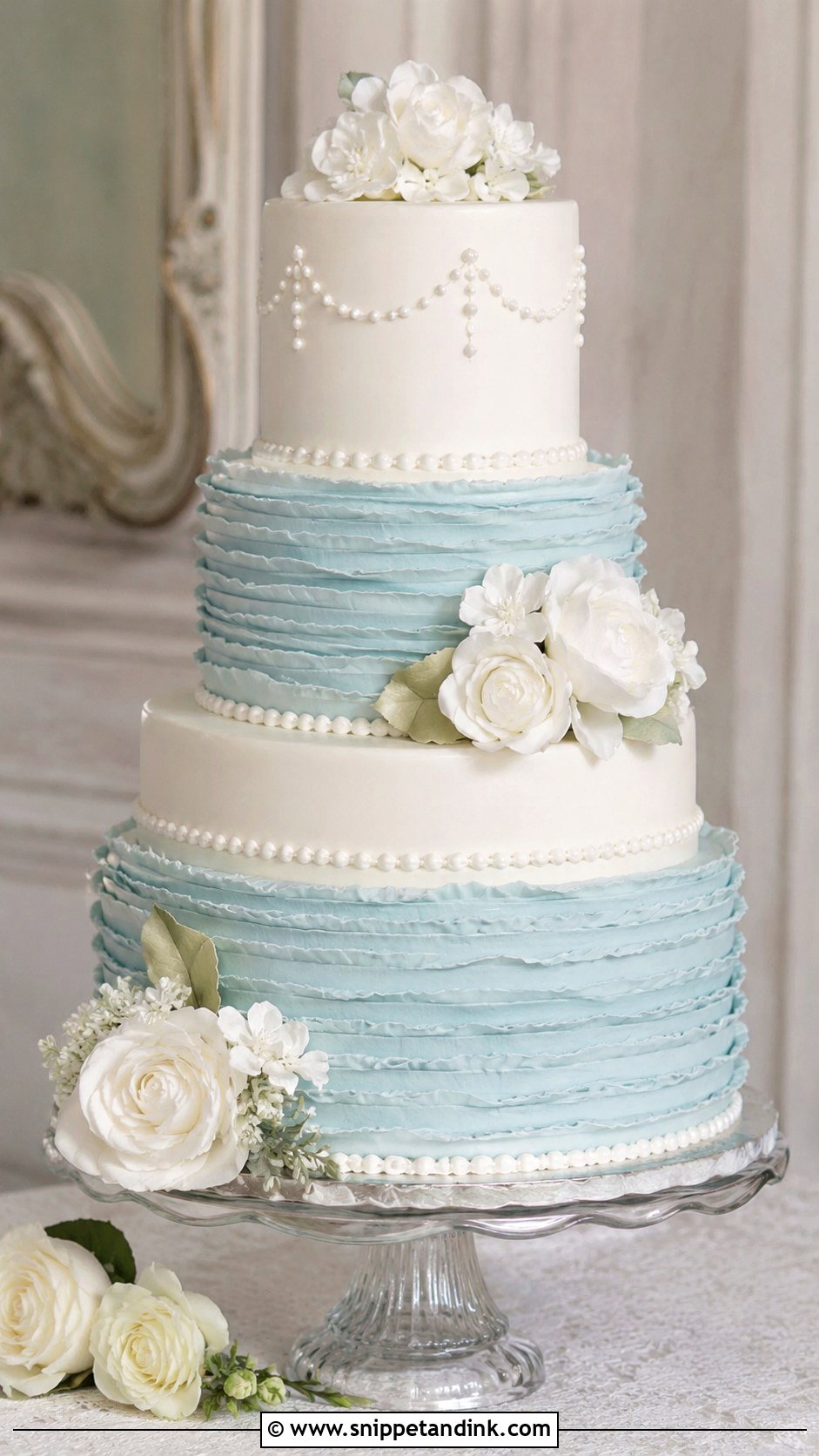 White And Blue Ruffle Wedding Cake - Snippet and Ink - 20 White and Blue Vintage Cake Ideas for Wedding