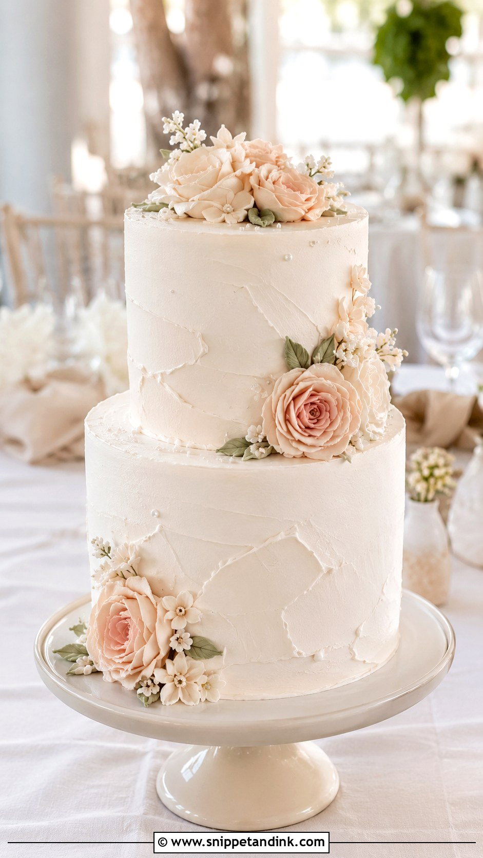 White And Blush Buttercream Wedding Cake - Snippet and Ink - 25 White and Blush Wedding Cake Ideas