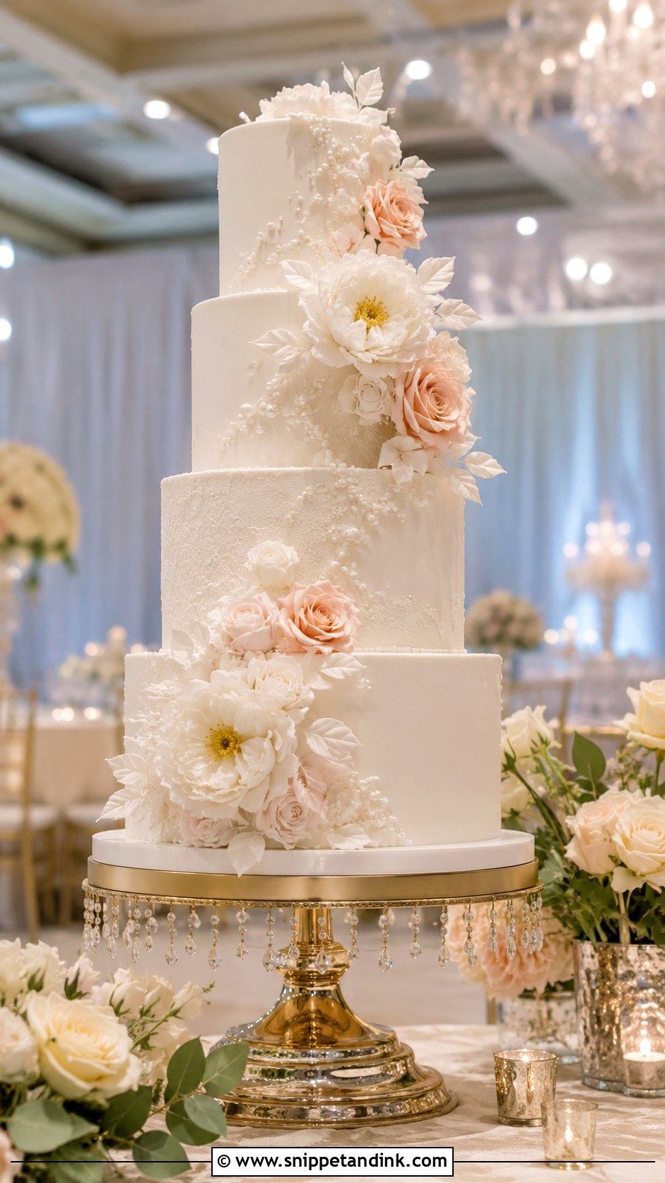 White And Blush Four Tier Wedding Cake - Snippet and Ink - 25 White and Blush Wedding Cake Ideas
