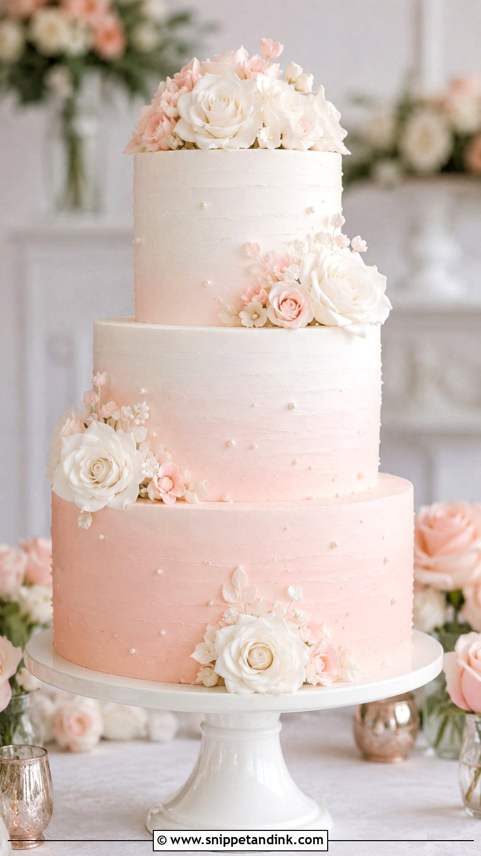 White And Blush Ombre Wedding Cake - Snippet and Ink - 25 White and Blush Wedding Cake Ideas