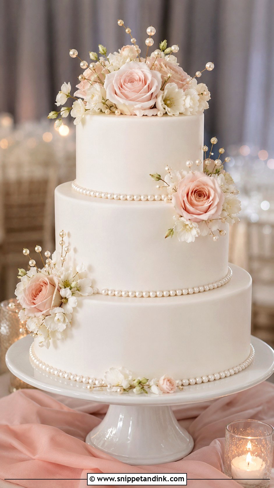 White And Blush Ruffle Wedding Cake - Snippet and Ink - 25 White and Blush Wedding Cake Ideas