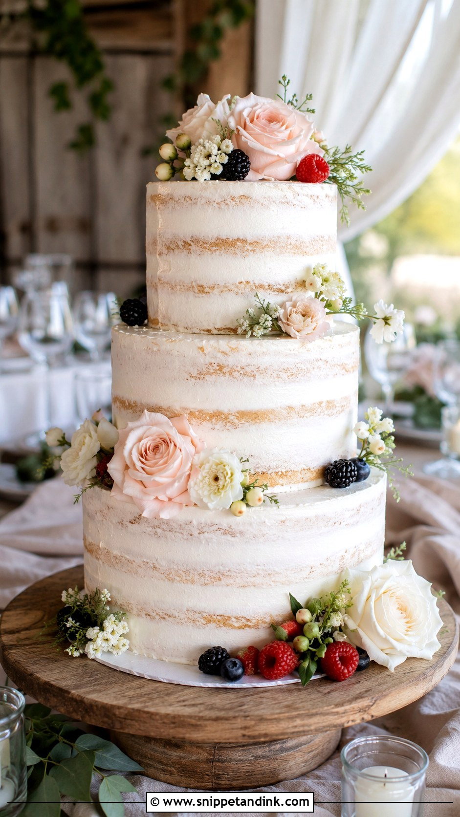 White And Blush Semi Naked Wedding Cake - Snippet and Ink - 25 White and Blush Wedding Cake Ideas