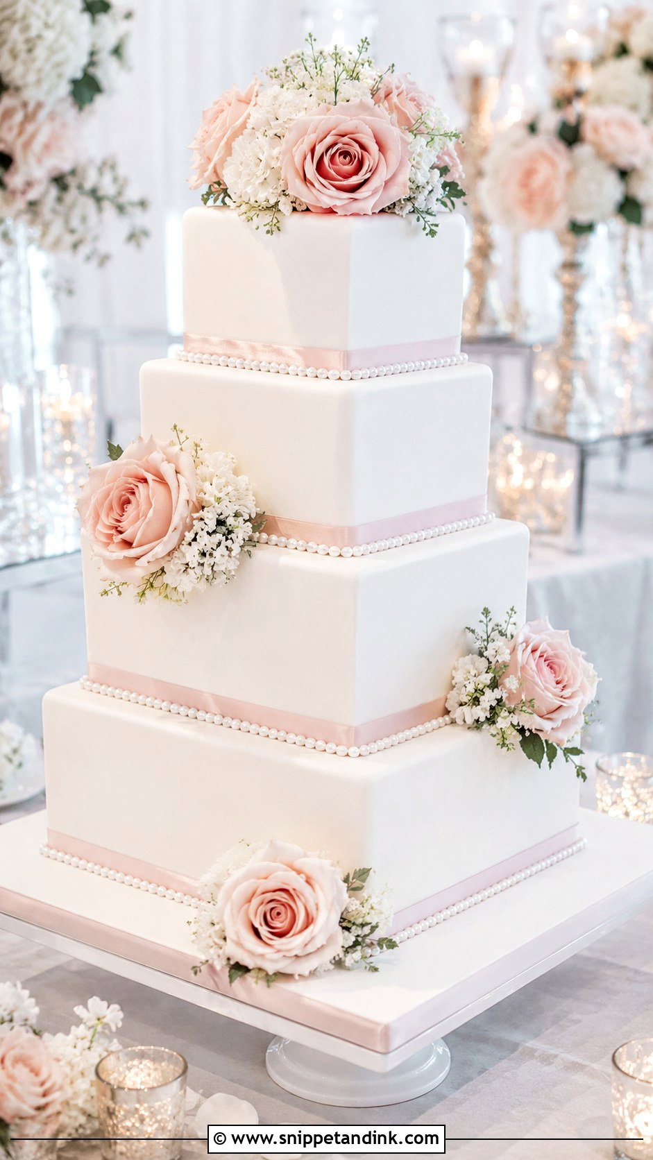 White And Blush Square Wedding Cake - Snippet and Ink - 25 White and Blush Wedding Cake Ideas