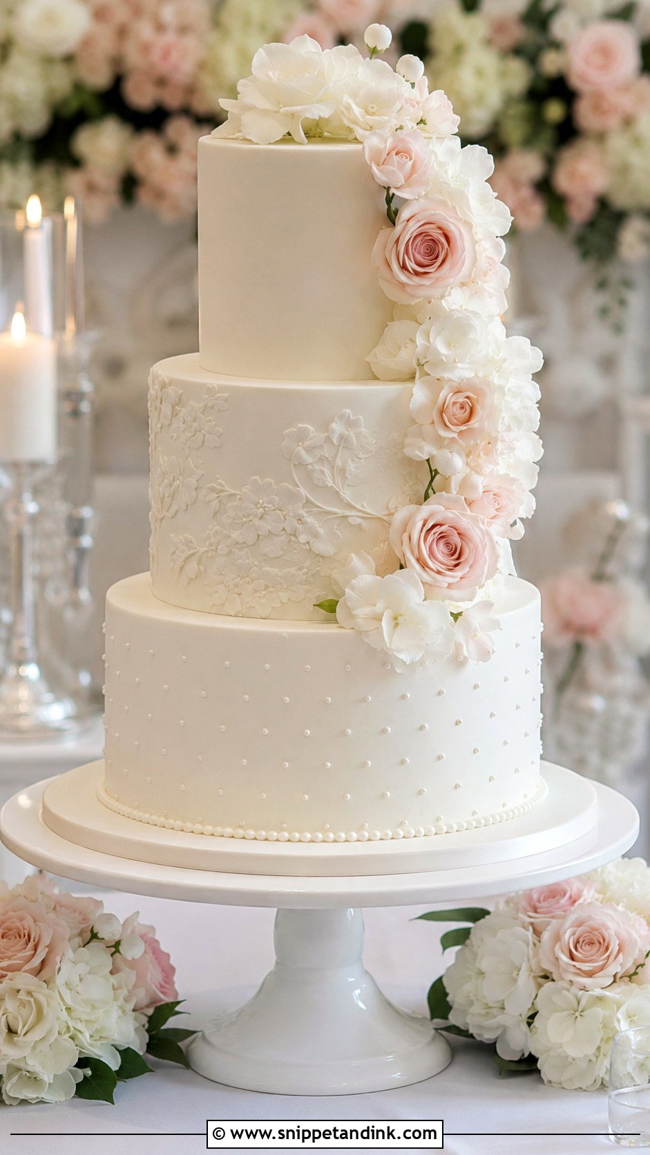 White And Blush Three Tier Wedding Cake - Snippet and Ink - 25 White and Blush Wedding Cake Ideas