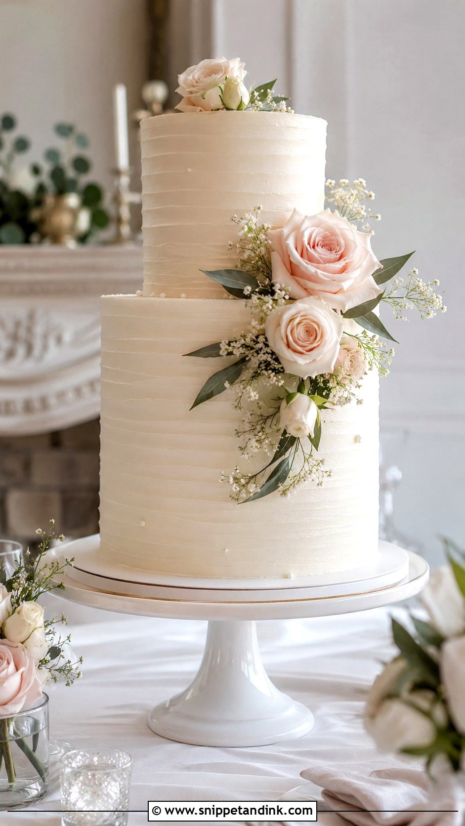 White And Blush Two Tier Wedding Cake - Snippet and Ink - 25 White and Blush Wedding Cake Ideas