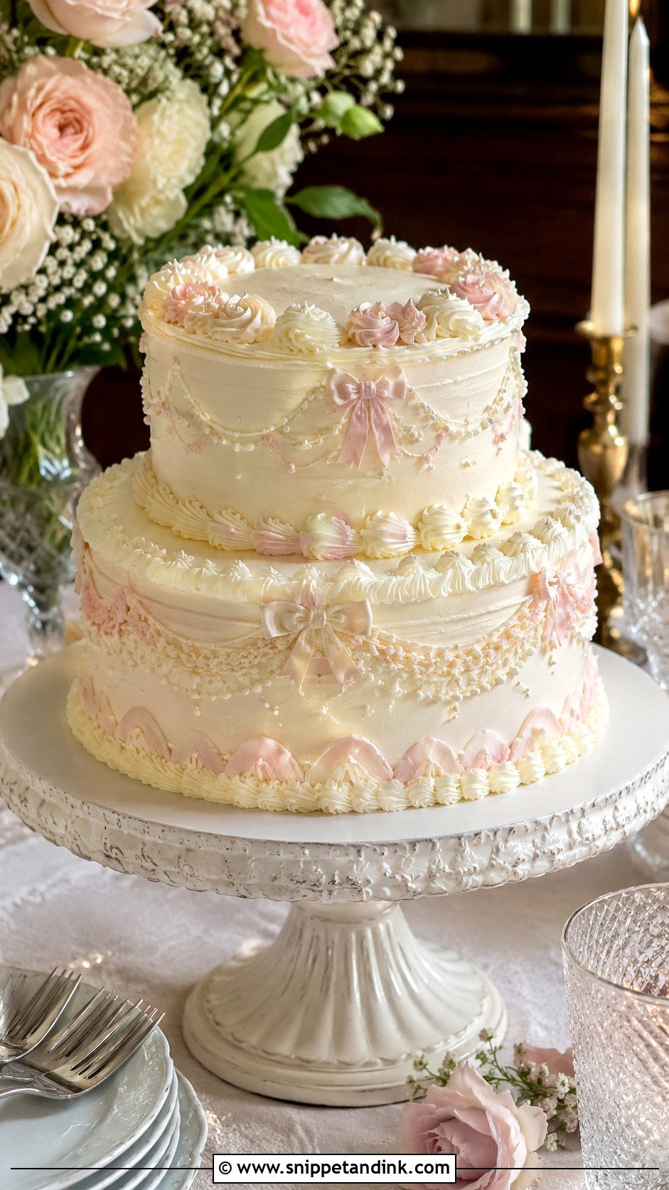 White And Blush Vintage Wedding Cake - Snippet and Ink - 25 White and Blush Wedding Cake Ideas