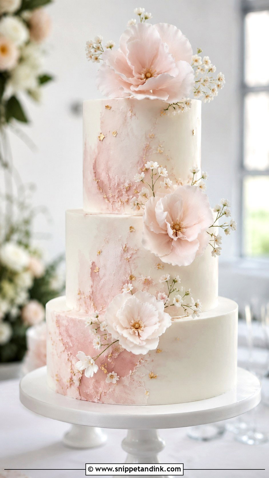 White And Blush Watercolor Wedding Cake - Snippet and Ink - 25 White and Blush Wedding Cake Ideas