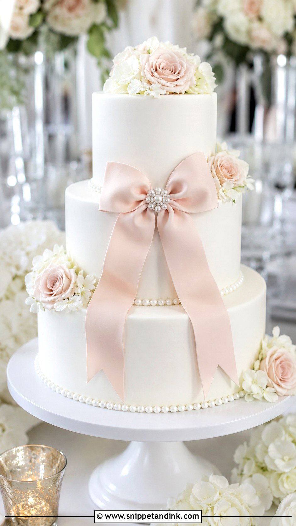 White And Blush Wedding Cake With Bows - Snippet and Ink - 25 White and Blush Wedding Cake Ideas
