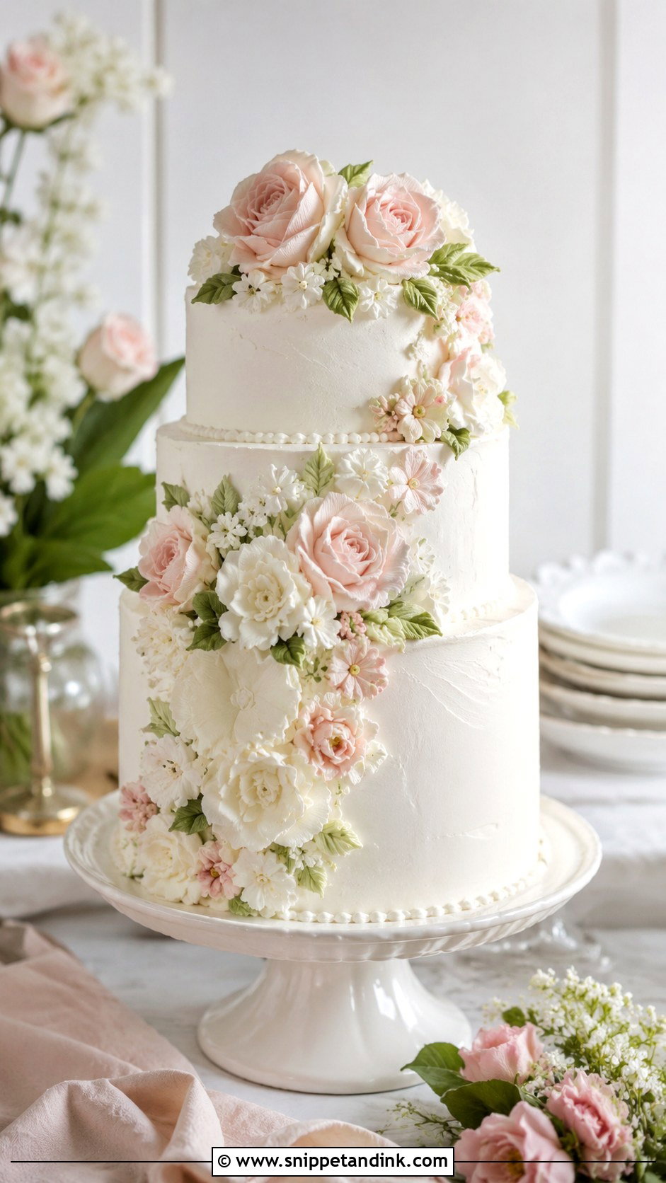 White And Blush Wedding Cake With Buttercream Flowers - Snippet and Ink - 25 White and Blush Wedding Cake Ideas