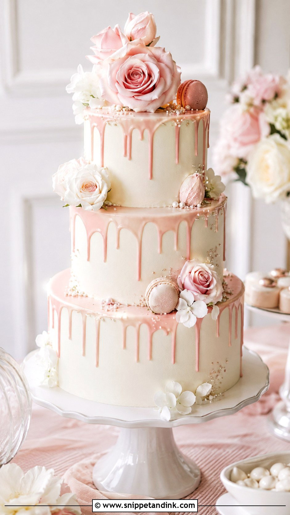 White And Blush Wedding Cake With Drip - Snippet and Ink - 25 White and Blush Wedding Cake Ideas