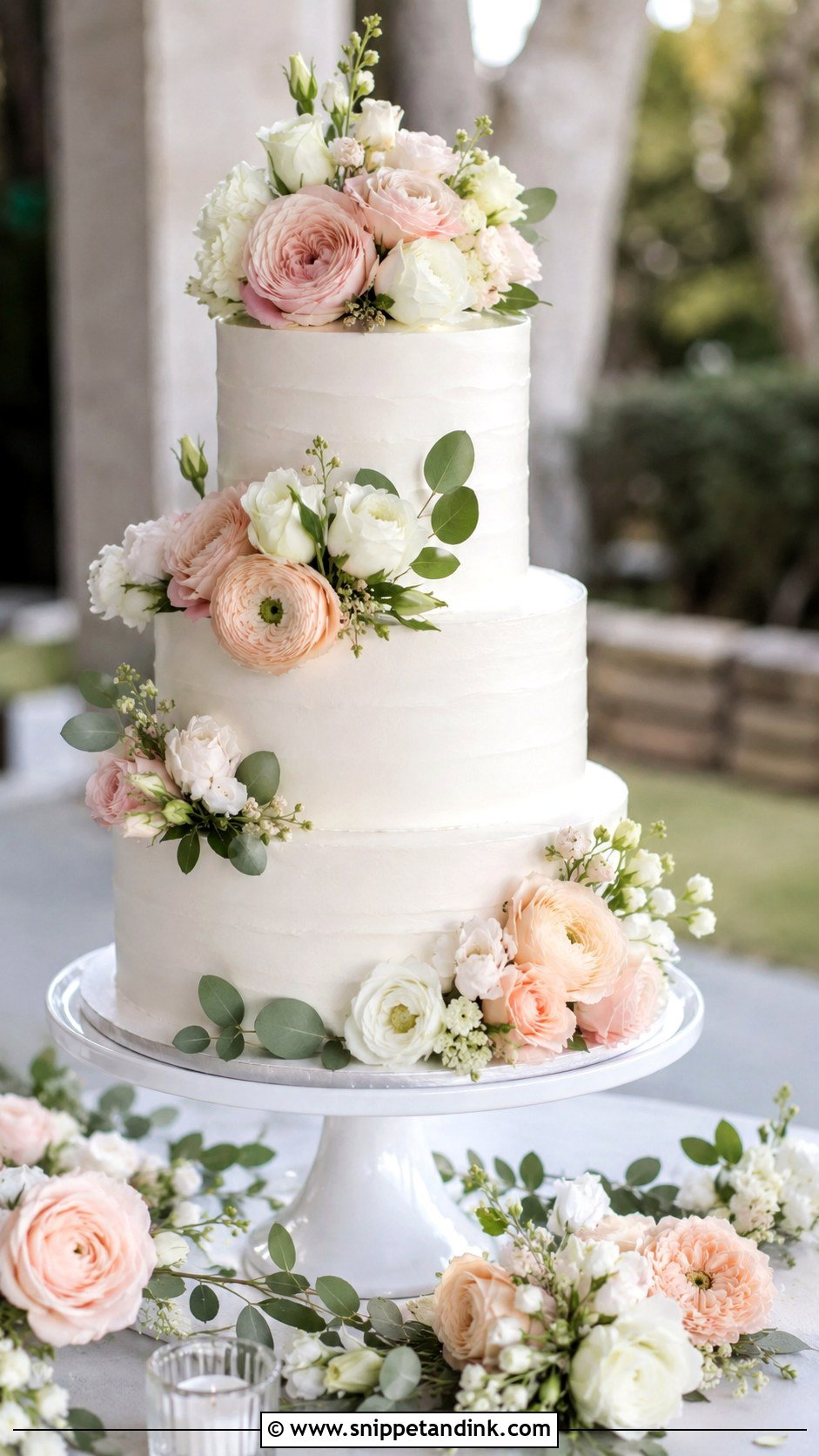 White And Blush Wedding Cake With Fresh Flowers - Snippet and Ink - 25 White and Blush Wedding Cake Ideas