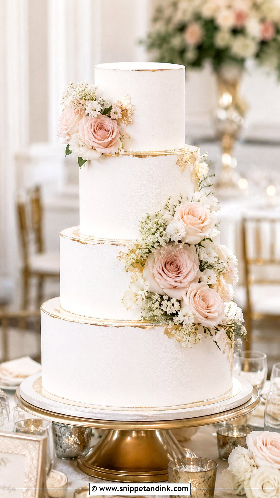White And Blush Wedding Cake With Gold - Snippet and Ink - 25 White and Blush Wedding Cake Ideas
