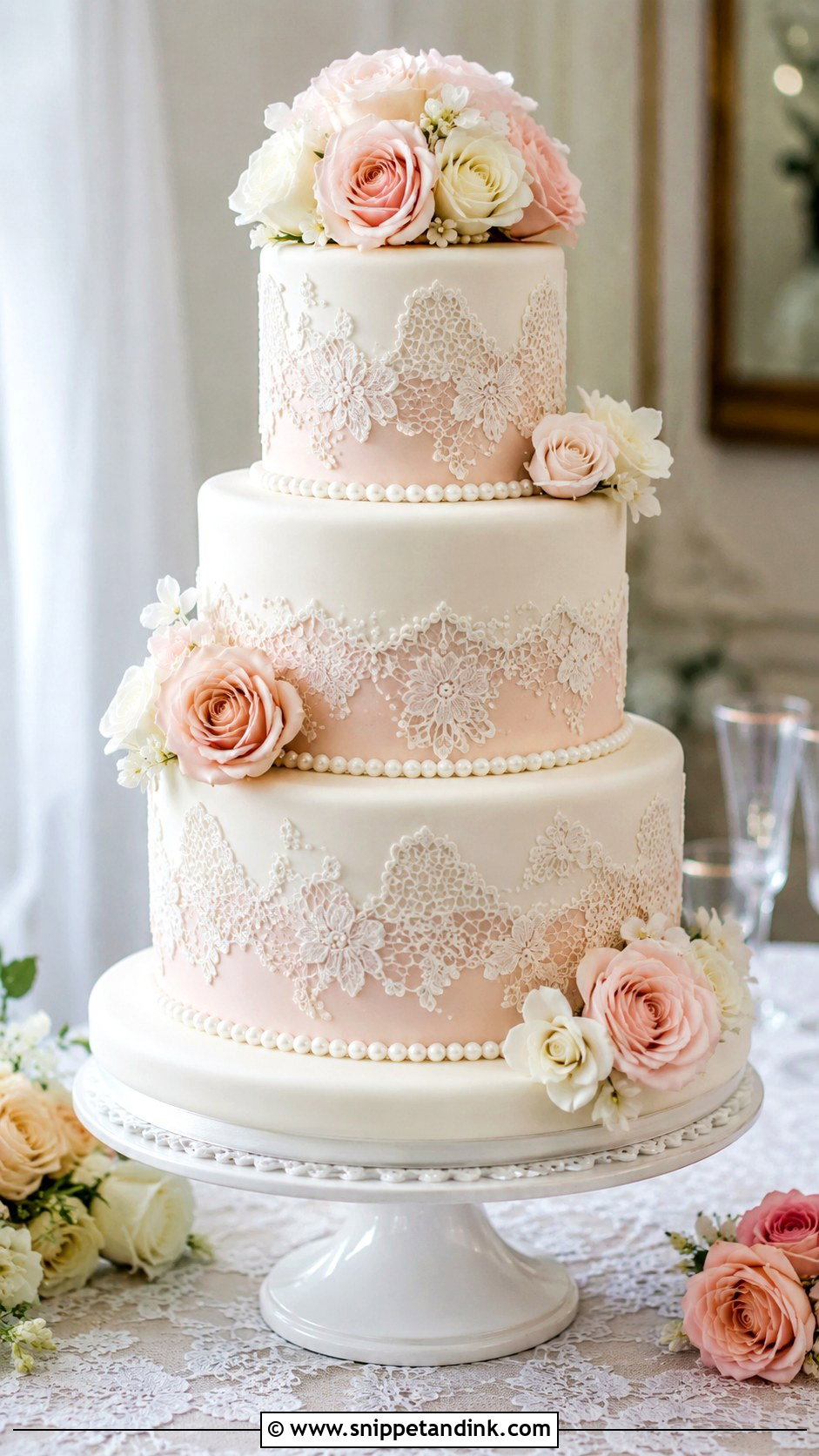 White And Blush Wedding Cake With Lace - Snippet and Ink - 25 White and Blush Wedding Cake Ideas