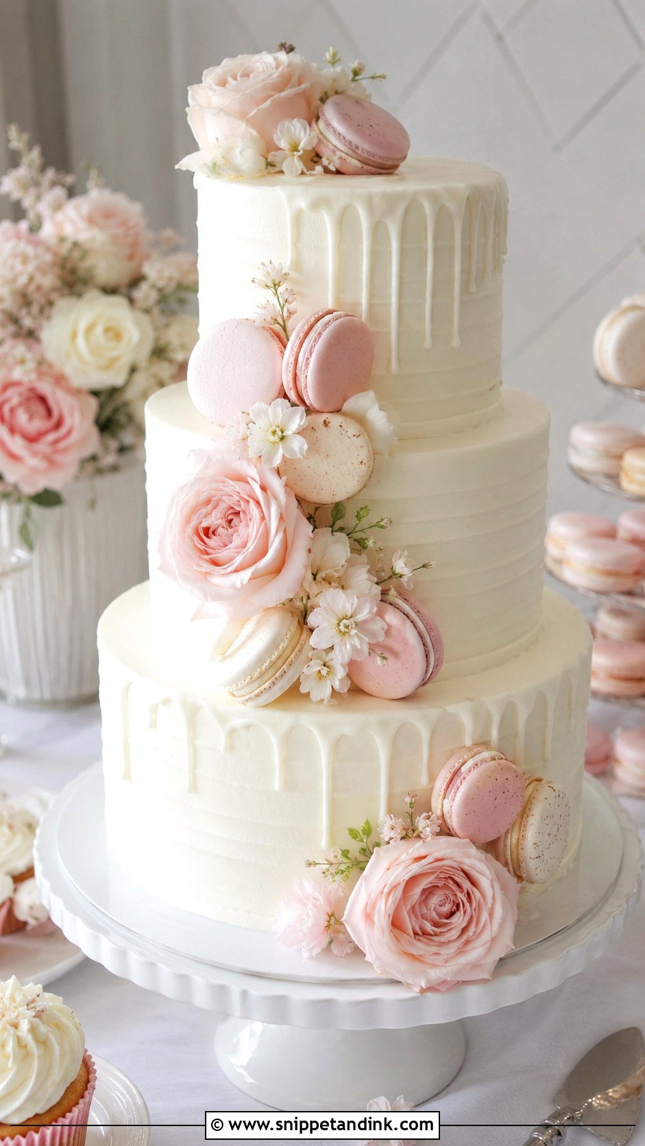 White And Blush Wedding Cake With Macarons - Snippet and Ink - 25 White and Blush Wedding Cake Ideas