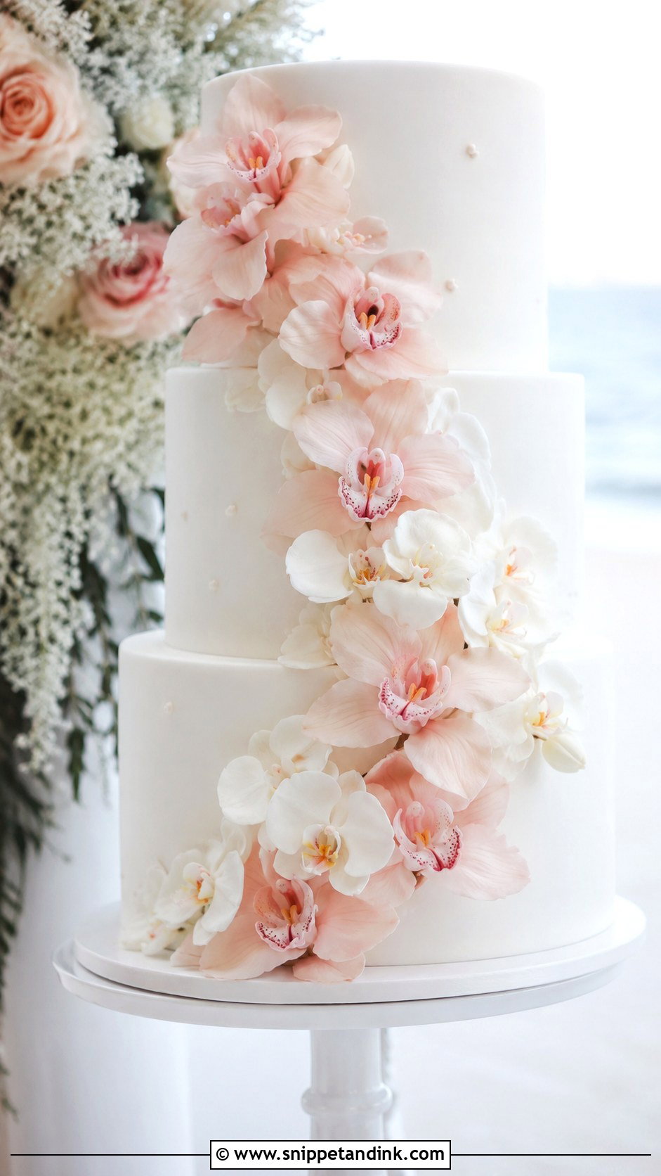 White And Blush Wedding Cake With Orchids - Snippet and Ink - 25 White and Blush Wedding Cake Ideas