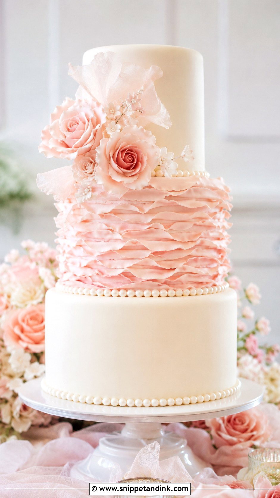 White And Blush Wedding Cake With Pearls - Snippet and Ink - 25 White and Blush Wedding Cake Ideas