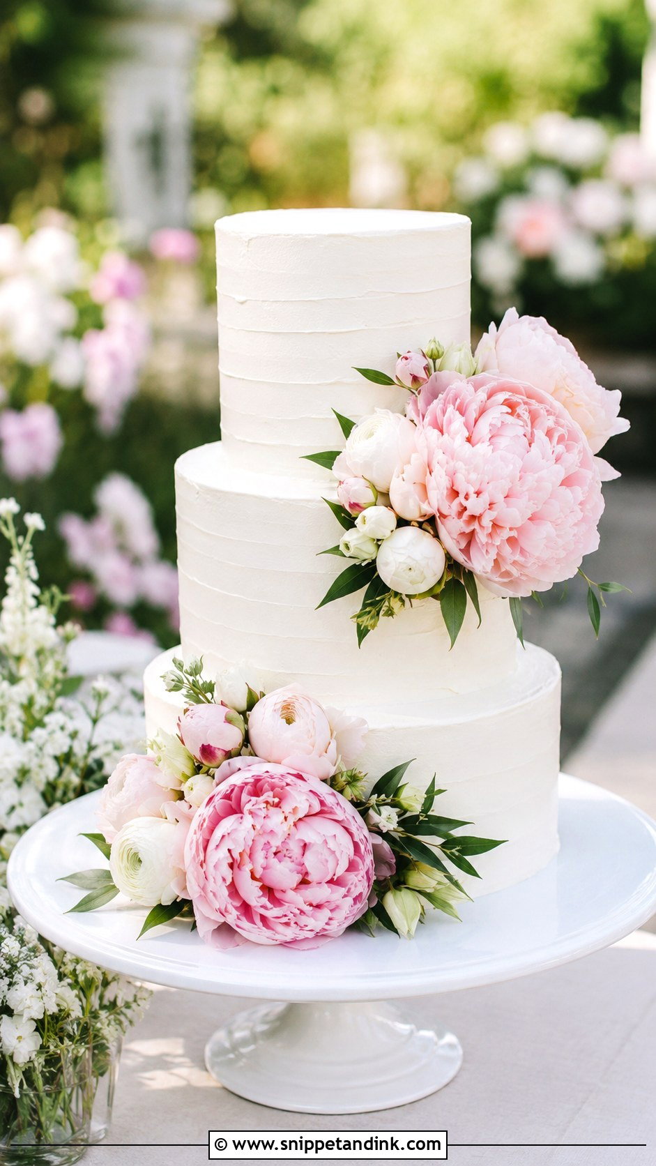 White And Blush Wedding Cake With Peonies - Snippet and Ink - 25 White and Blush Wedding Cake Ideas
