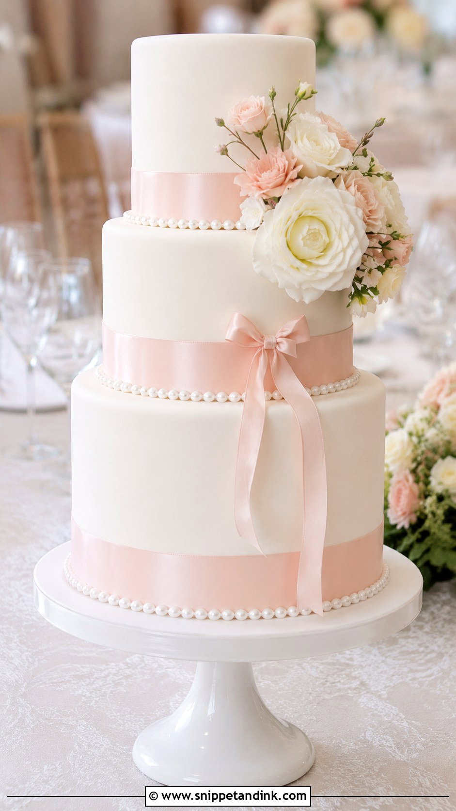 White And Blush Wedding Cake With Ribbon - Snippet and Ink - 25 White and Blush Wedding Cake Ideas