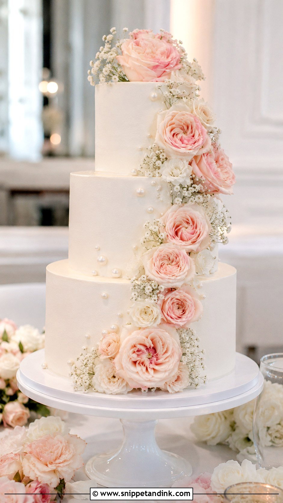 White And Blush Wedding Cake With Roses - Snippet and Ink - 25 White and Blush Wedding Cake Ideas