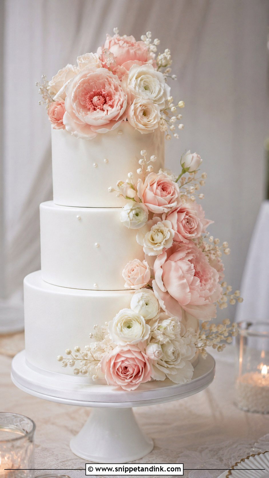 White And Blush Wedding Cake With Sugar Flowers - Snippet and Ink - 25 White and Blush Wedding Cake Ideas