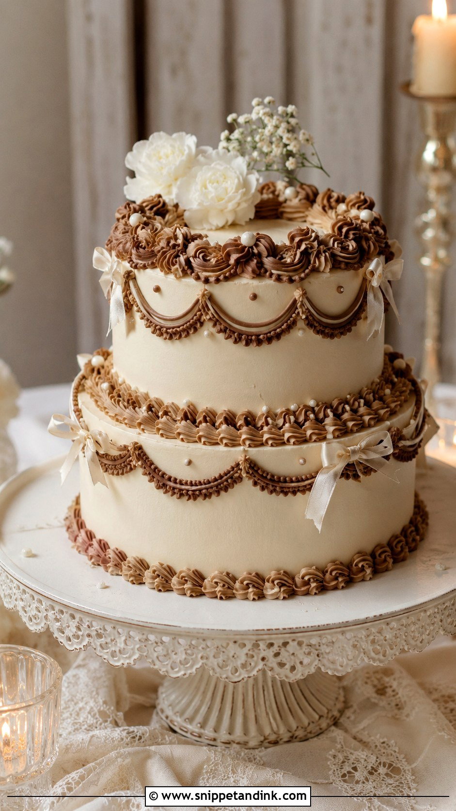 White And Brown Vintage Wedding Cake - Snippet and Ink - 20 White and Brown Cake Design Ideas for Wedding