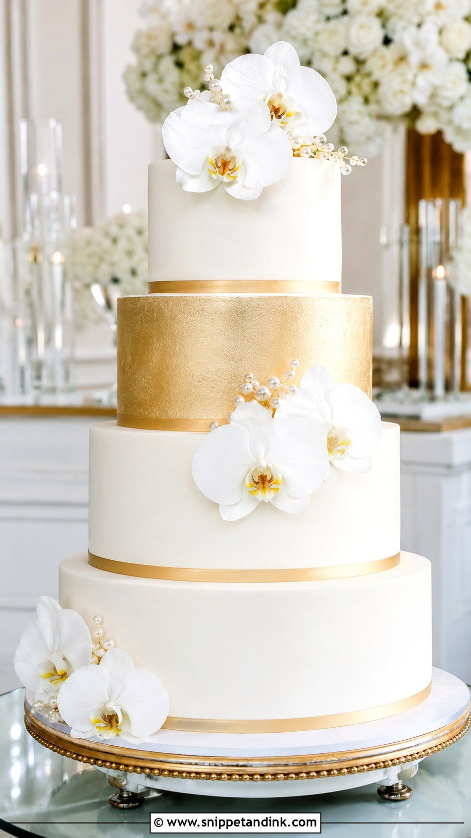 White And Gold 4 Tier Wedding Cake - Snippet and Ink - 25 Elegant Gold 4 Tier Wedding Cake Ideas