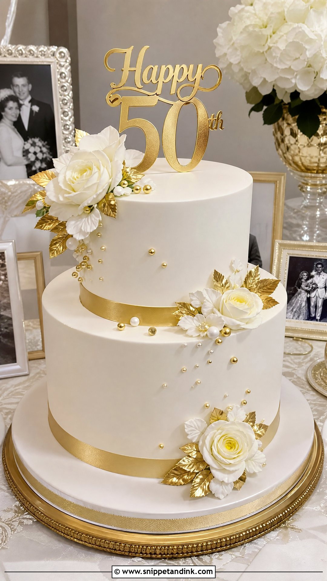 White And Gold 50th Anniversary Cake - Snippet and Ink - 25 Golden Wedding Anniversary Cake Ideas