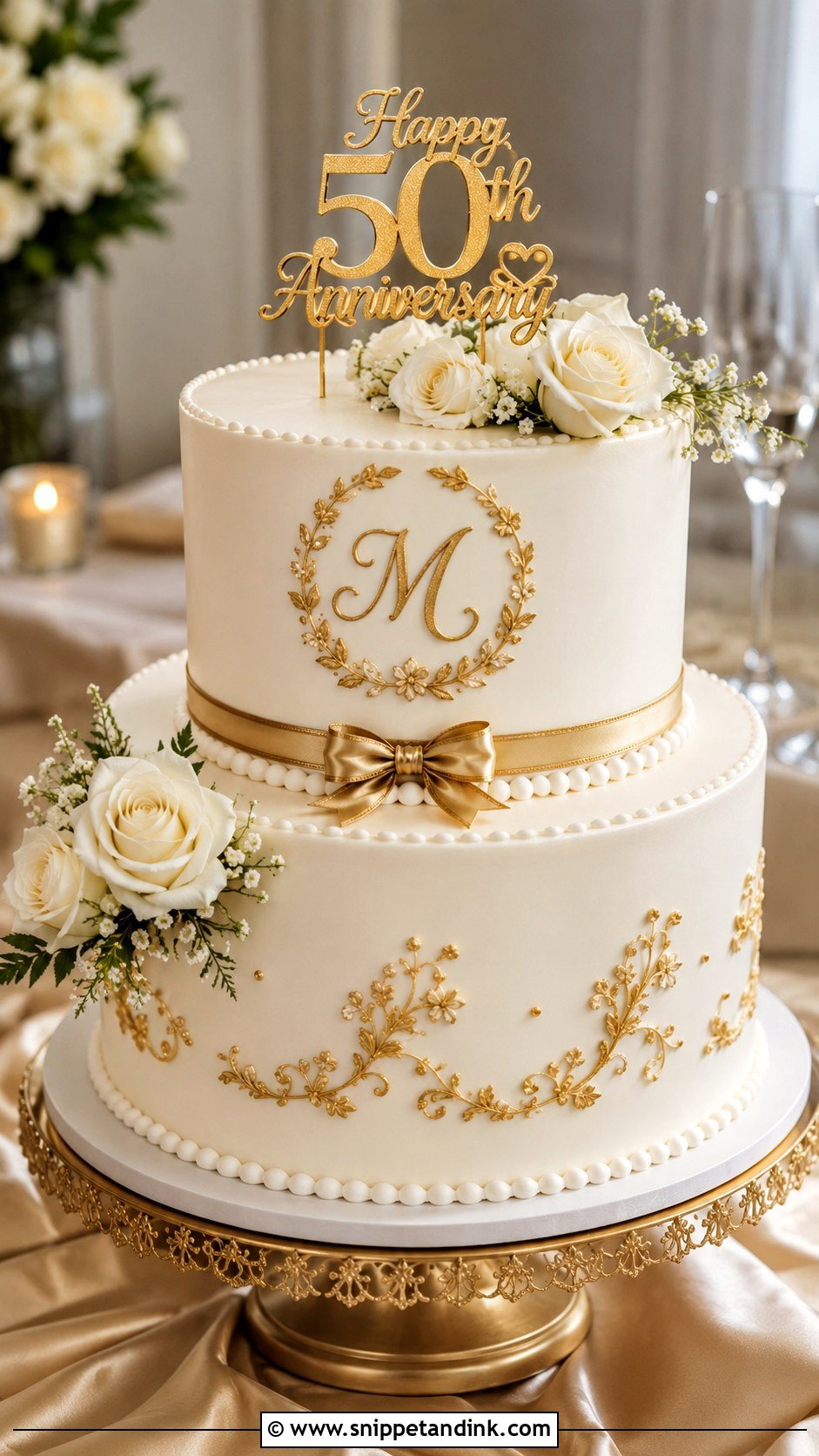 White And Gold 50th Wedding Anniversary Cake - Snippet and Ink - 20 50th Wedding Anniversary Cake Ideas