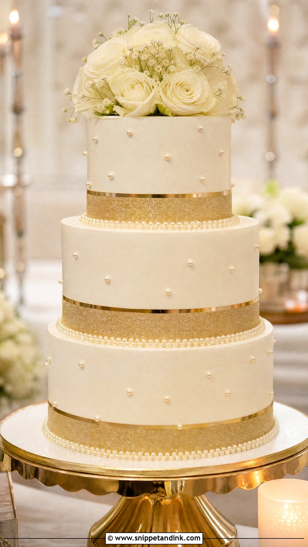 White And Gold Champagne Wedding Cake - Snippet and Ink - 20 White and Gold Wedding Cake Ideas