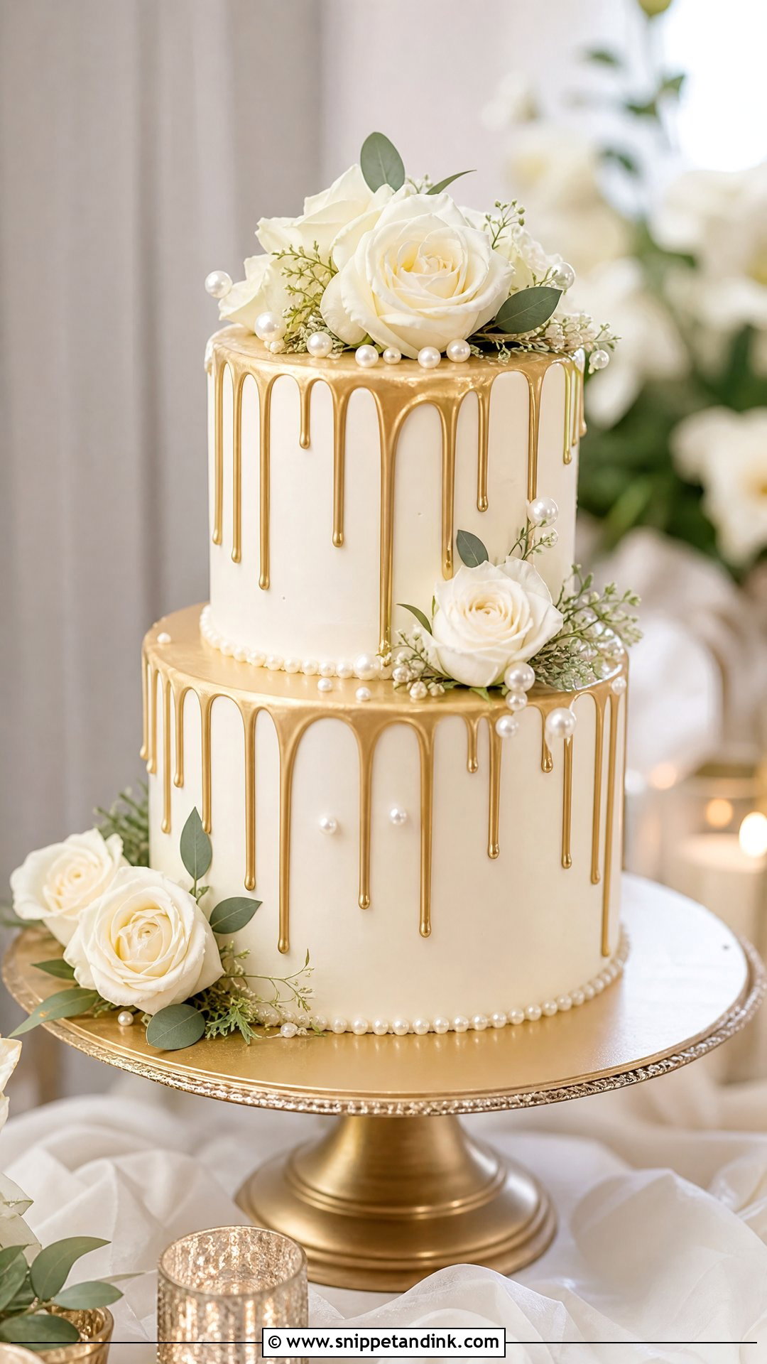 White And Gold Drip Wedding Cake - Snippet and Ink - 20 White and Gold Wedding Cake Ideas