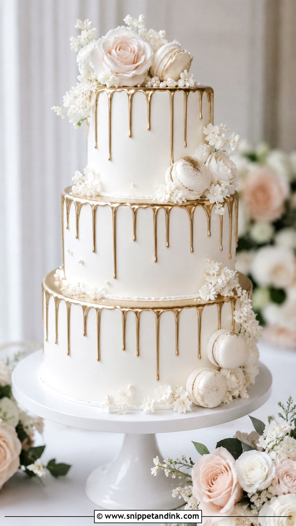 White And Gold Drip Wedding Cake - Snippet and Ink - 20 Gold and White Cake Design Ideas for Wedding