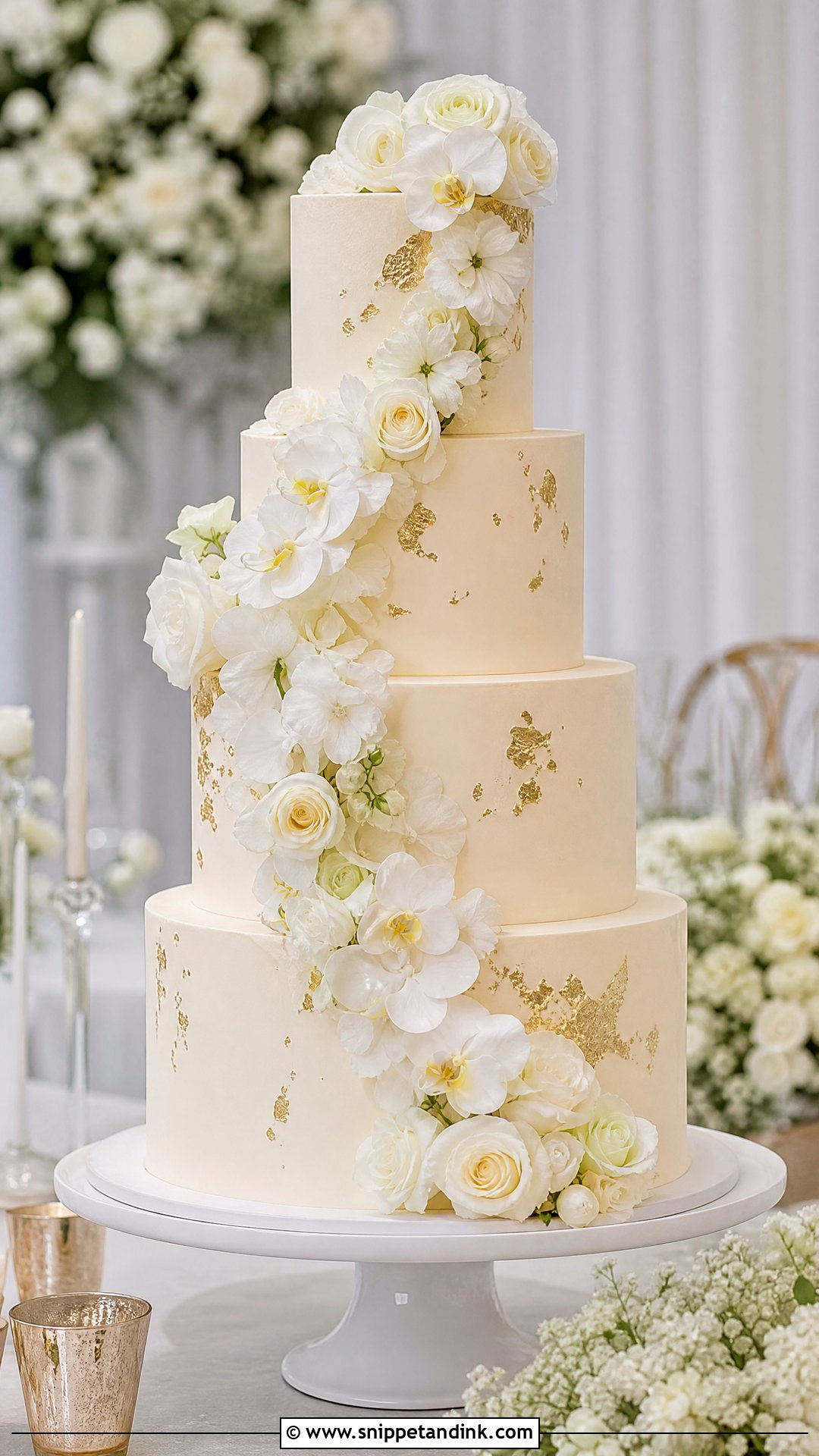 White And Gold Floral Cascade Wedding Cake - Snippet and Ink - 20 White and Gold Wedding Cake Ideas