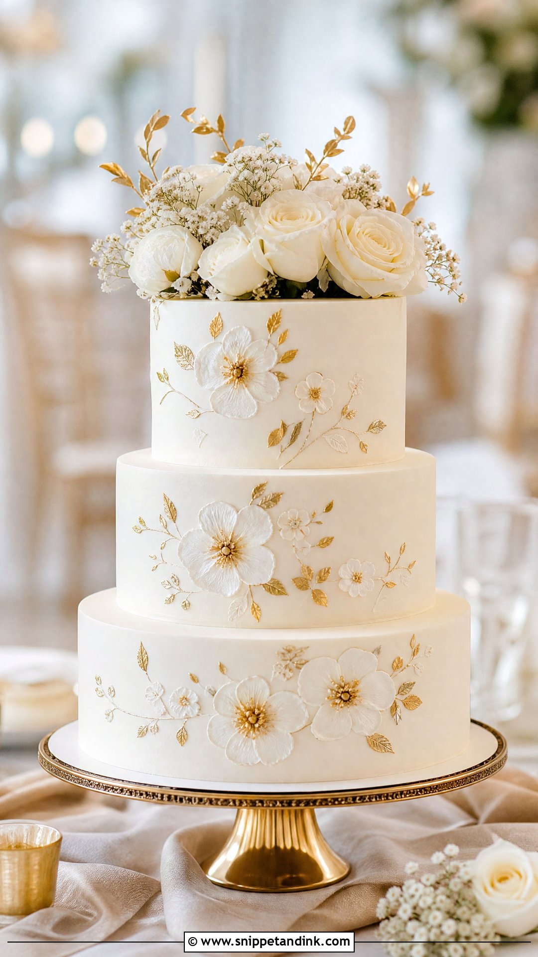White And Gold Floral Wedding Cake - Snippet and Ink - 20 White and Gold Wedding Cake Ideas