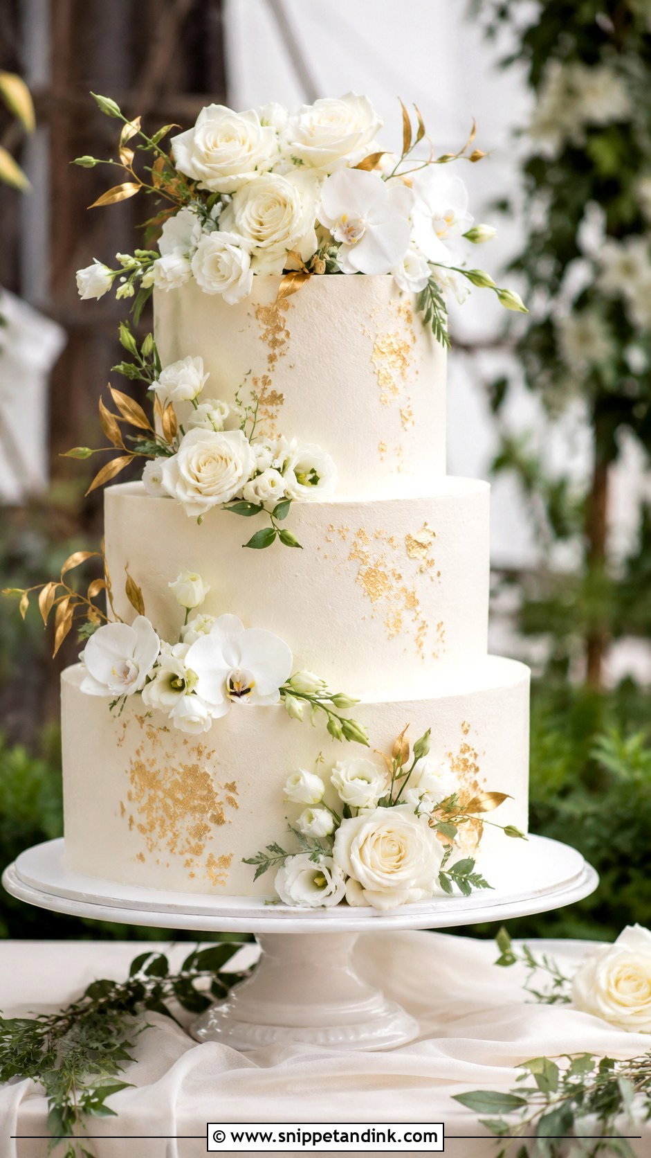White And Gold Floral Wedding Cake - Snippet and Ink - 20 Gold and White Cake Design Ideas for Wedding
