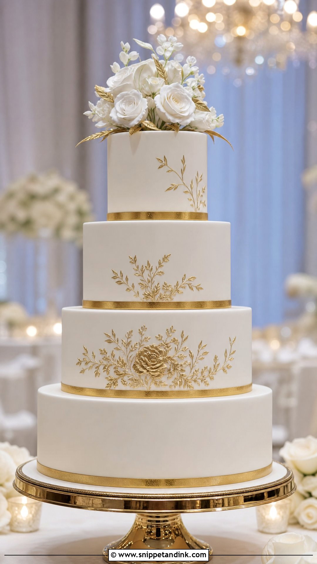 White And Gold Fondant Wedding Cake - Snippet and Ink - 20 White and Gold Wedding Cake Ideas