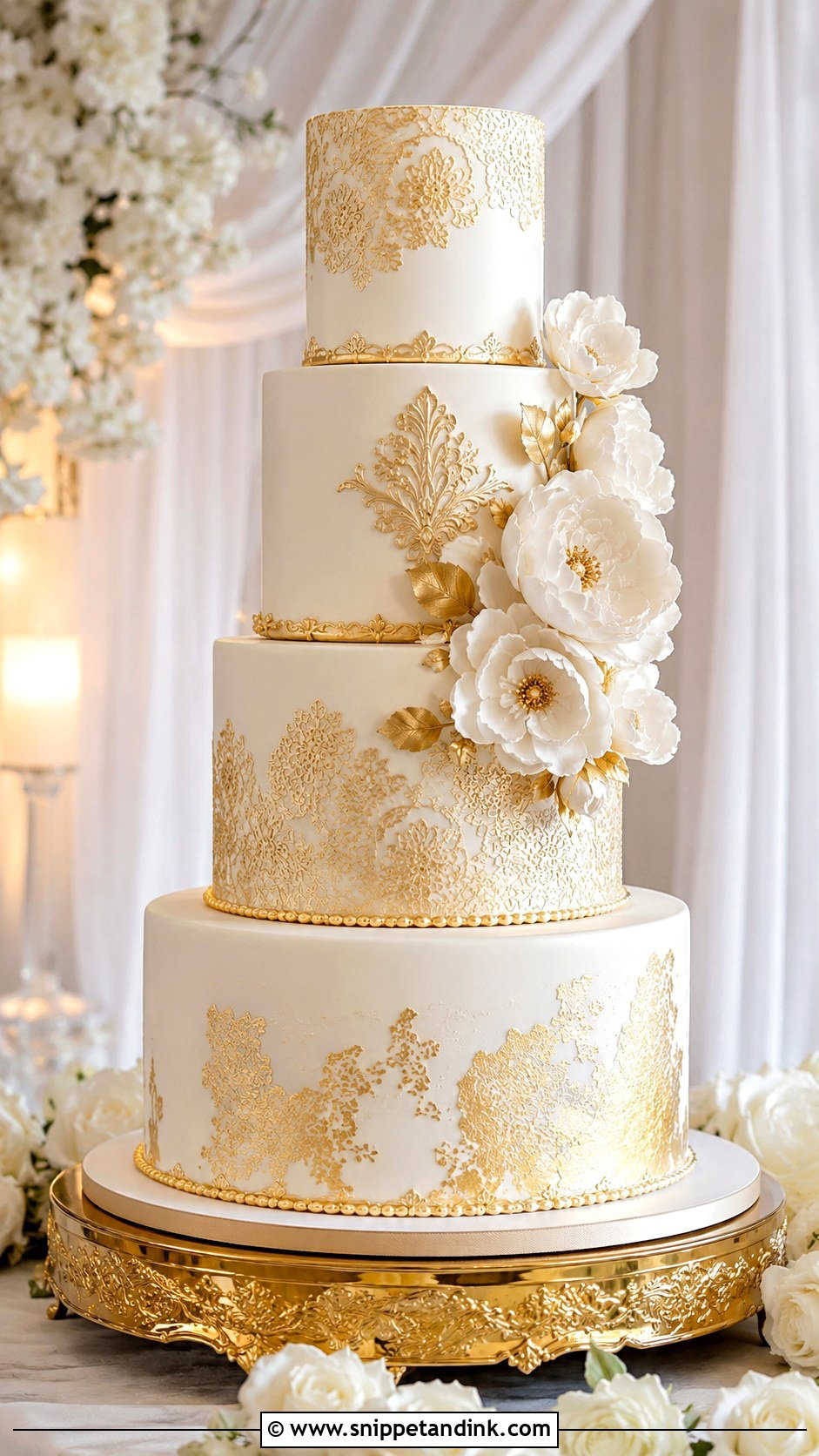 White And Gold Fondant Wedding Cake - Snippet and Ink - 20 Gold and White Cake Design Ideas for Wedding