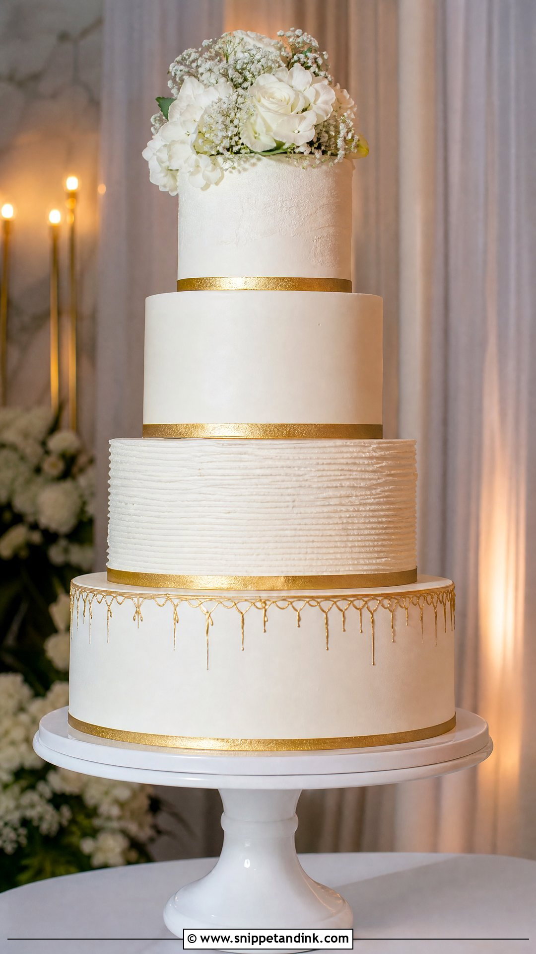 White And Gold Four Tier Wedding Cake - Snippet and Ink - 20 White and Gold Wedding Cake Ideas